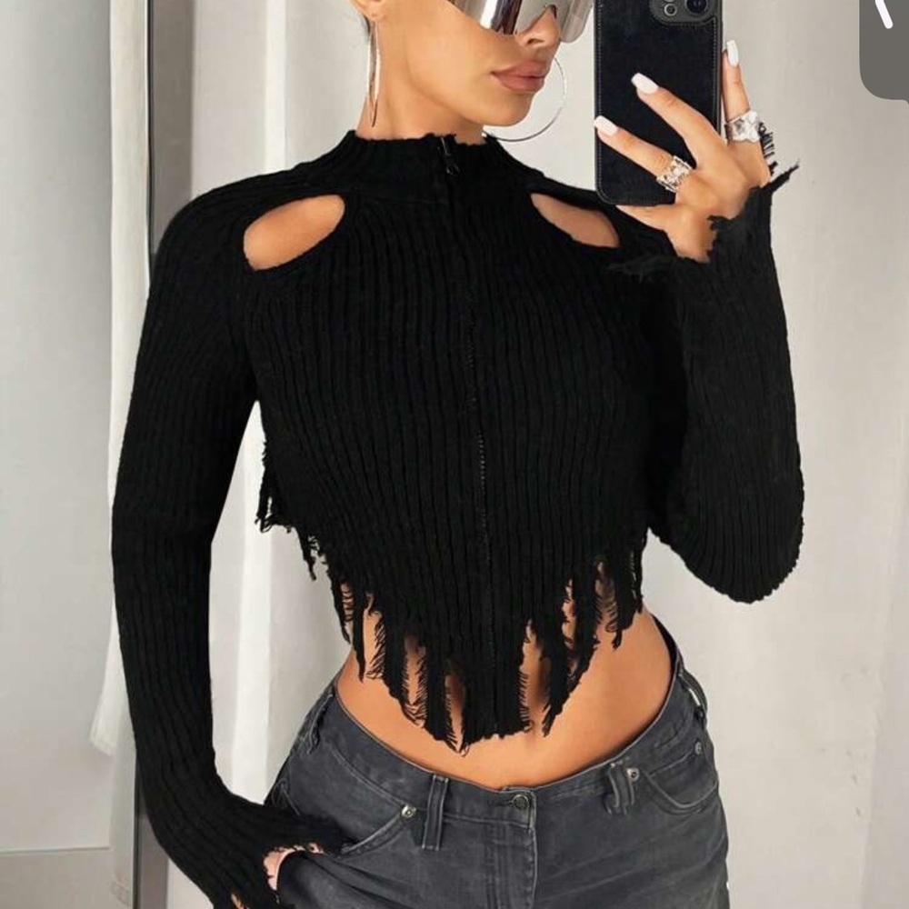 SHEIN ICON- cut out fringe trim asymmetrical hem crop cardigan